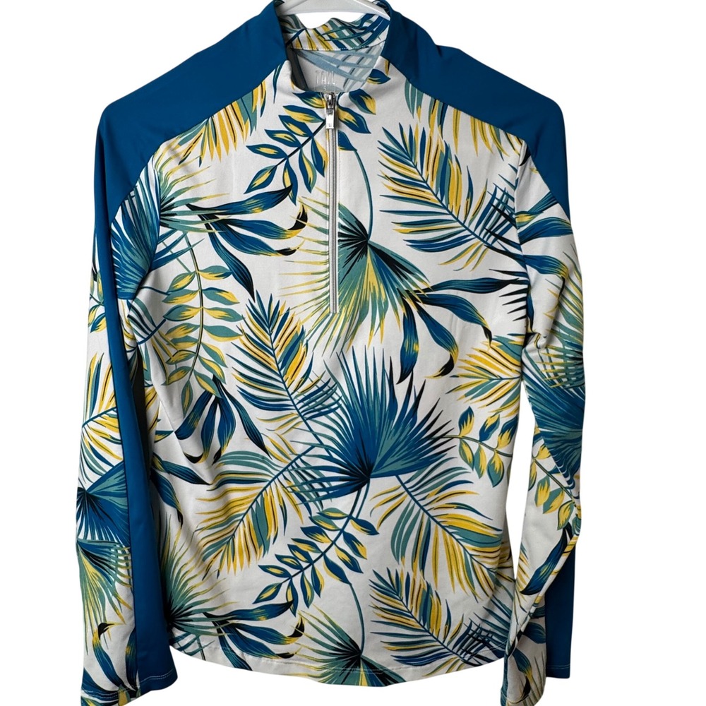 Tail Quarter Zip Pullover Women S Blue Tropical Palm Leaf Long Sleeve Top